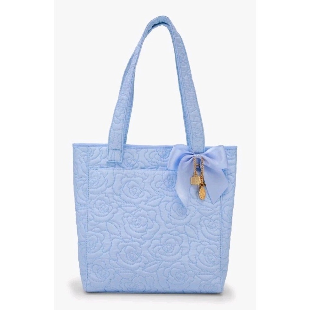 NWT Disney Beauty and The Beast Quilted Roses Blue Tote‎ Bag With Gold Bag Charm